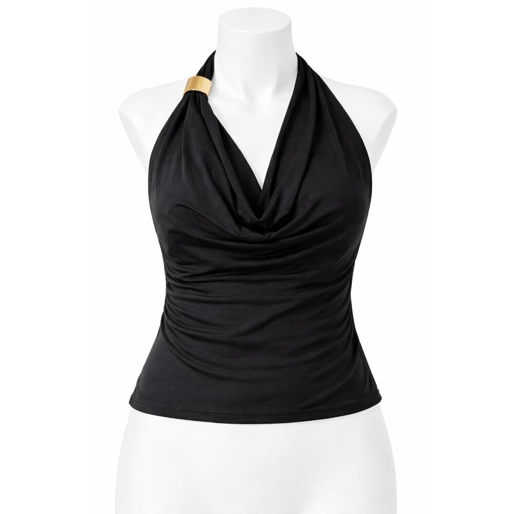 BLENCA Halter Cowl Neck Open Back Stretch Top‎ Black Size L